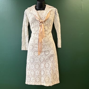 1950s lace dress vintage floral ivory overlay frock small 