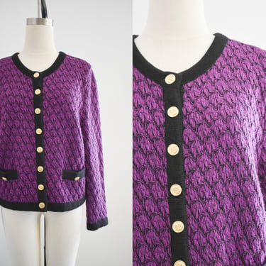 1980s Purple and Black Cotton Blend Cardigan Sweater 