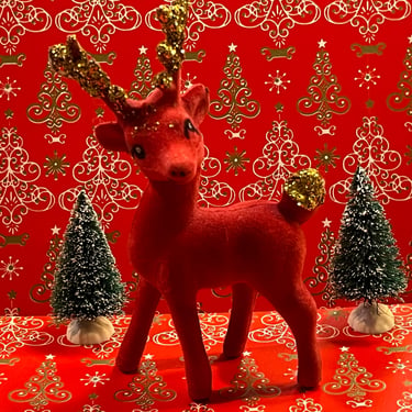 red flocked reindeer ornament 1960s kitsch glitter deer vintage Christmas 