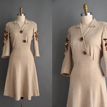 vintage 1940s dress | Pau Sachs Cozy Oatmeal Wool Embroidered Winter Dress | Medium 