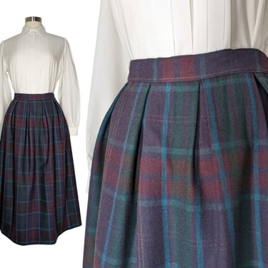 Vintage Pleated Plaid Skirt, Small / 1940s Style Wool Skirt / Teal Green and Plum Plaid Midi Skirt / Flared A Line Winter Skirt with Pockets 