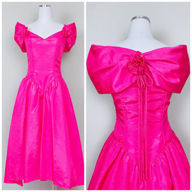 1980s Vintage Hot Pink Acetate Off Shoulder Dress /80s / Eighties Rosette Fit and Flare High Low Prom Dress / Size Small 