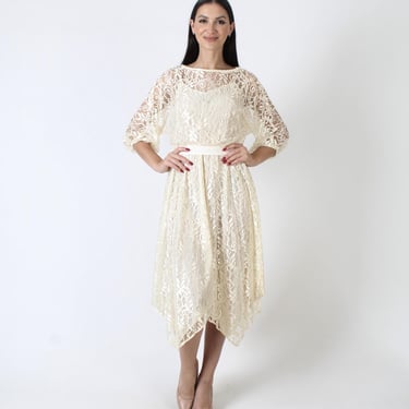 Retro 80s Cream Lace Dress, Vintage Hi Lo Mermaid Hem, Victorian Wedding Midi Maxi Gown 