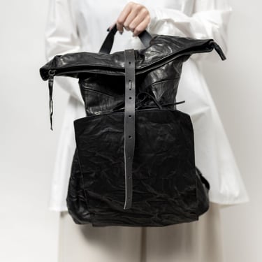 Crinkle Black Leather Rolltop Backpack