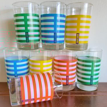 Ralph Lauren 6oz Juice Glasses Yellow, Blue, Green & Orange Stripes set of 8~Mint Condition~ Designer Juice Bar Drinkware~ Retro Beach Decor 
