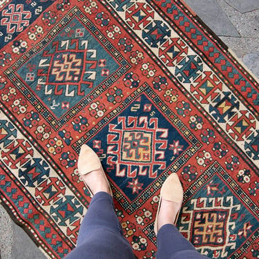 Antique 3’10” x 6’8” Kazak Caucasian Rug Geometric Red Blues Beige Hand-Knotted Accent Wool Rug 1880s - FREE DOMESTIC SHIPPING 