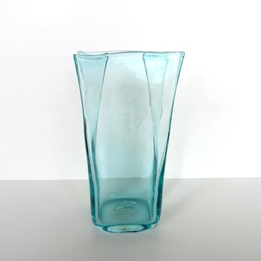 Vintage Blenko Glass Paper Bag Vase In Aqua Blue, 8 1/2