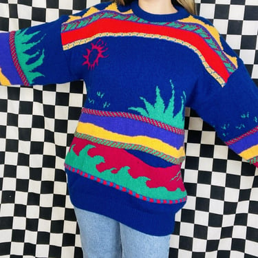 80s Vintage Neon Geometric Novelty Knit Sweater