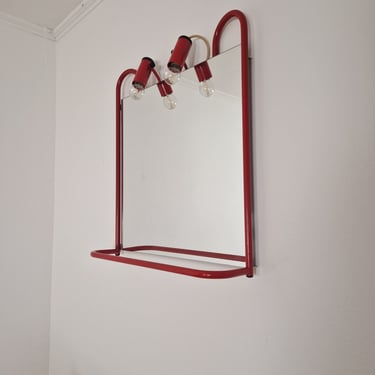 Red Square Mirror with Lights / Wall Vintage Makeup Mirror / Mid Century Modern Vanity Mirror / Space Age / Atomic / Italy / 1970s 