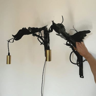 A mid century unique metal hend-forged dragons / 1950s / applique/ Wall lamp / Wall lights 