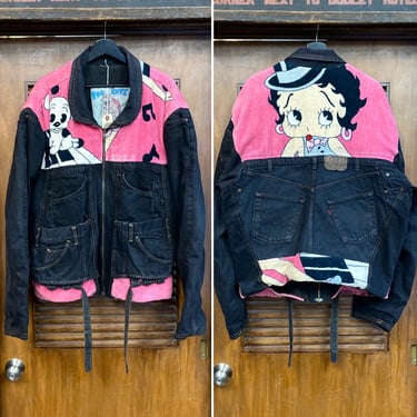 Vintage 1980’s “Too Cute” Betty Boop Denim New Wave Oversize Patchwork Jacket, Black x Pink, 80’s Vintage Clothing 
