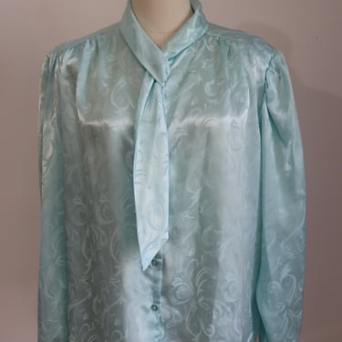 Vintage 1980s Long Sleeve Button Up Satin Blouse Baby Blue Size 16 Made in Canada by Raffie 