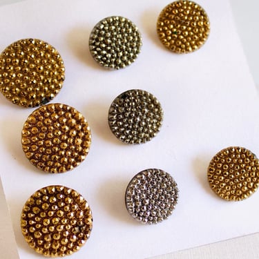 Antique Gold and Silver Luster Black Glass Sewing Buttons - Glass Shank - Eight Buttons 7/8” and 5/8” 