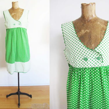 60s Green White Polka Dot Cotton Sundress M L - 1960s Cotton Sleeveless Dress RicRac Trim Empire Waist Mini Shift Dress 