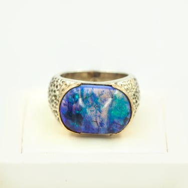 Bezel Set Black Opal Ring in Silver and 18K Yellow Gold