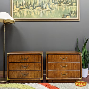 Pair of vintage campaign style nightstands by Drexel
