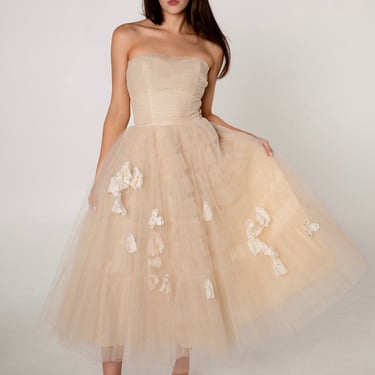 1950s Champagne Tulle Petal Dress