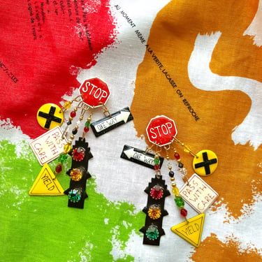 Rare 1980's  "Lunch at the Ritz" Hand-painted Traffic Signs Earrings