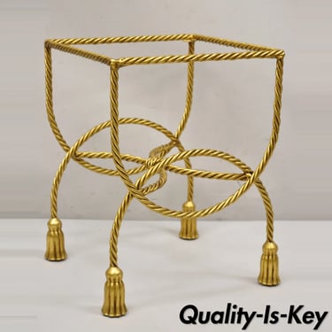 Italian Hollywood Regency Gold Gilt Iron Rope Tassel 20&quot; Vanity Stool Side Table