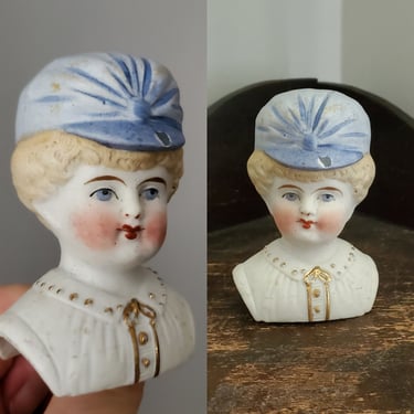 Miniature Bisque Doll Head with Blonde Hair and Turban/Cap - 2.75