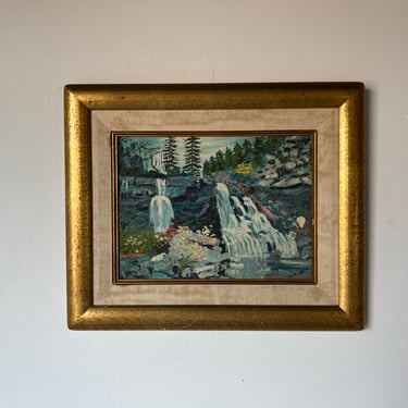 Vintage Impressionist Waterfall River - Forest Landscape Oil Painting, Signed 