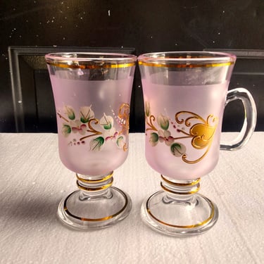 VINTAGE Pink Frosted Glass Irish Coffee Mugs/ Hand Painted Glass// Set of 2 