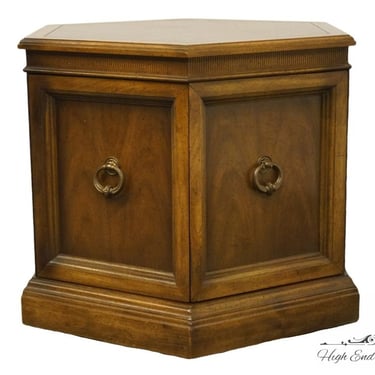 High End Vintage Italian Neoclassical Banded Bookmatched Walnut Hexagonal Accent Storage End Table 