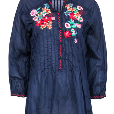 Johnny Was - Navy w/ Multi Color Floral Embroidered Long Sleeve Top Sz M