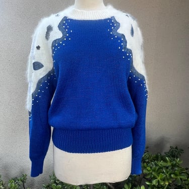 Vintage glam pullover sweater blue white embellish beads fuzzy angora Sz L Shannan 