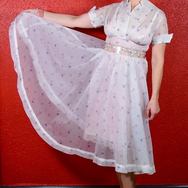 1950s Novelty Print Sheer Shirtwaist Dress 