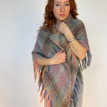 1970s Wool Mohair Wrap Plaid Poncho Knit Shawl 