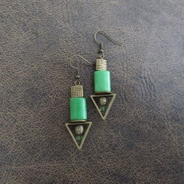 Bohemian dangle earrings, green stone earrings, bold statement earrings, unique boho chic earrings, rustic artisan earrings, bronze 7 
