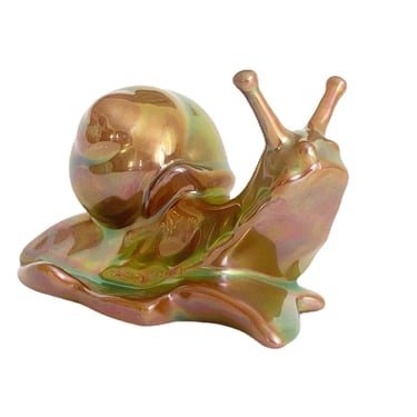 Zsolnay Porcelain Snail Figurine Green & Brown Iridescent Eosin glaze Made in Hungary 