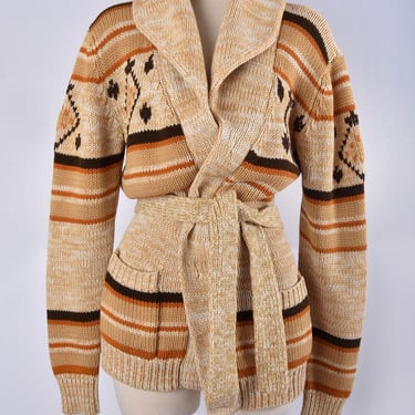 70's Chunky Cardigan Sweater Jacket, Tie Belt, Indian Native Western Print, 1970's Hippie Disco, Unisex Chunky Knit Coat, Men's Women's 