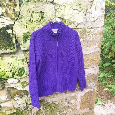 Vintage Aran Craft Irish Cable Knit Zip Cardigan Sweater / Purple / M 