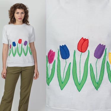 80s Tulip Patchwork Short Sleeve Sweatshirt Top - Medium | Vintage Distressed White Floral Pullover Shirt 