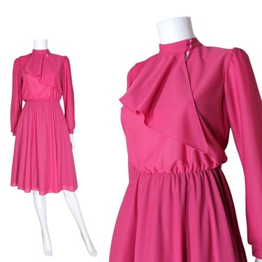 Vintage Pink Cocktail Dress, Medium / Bright Pink Flared Party Dress / Crepe Midi Swing Dress with Fluttery Neck Detail 