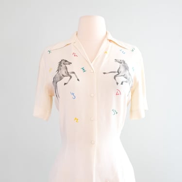 Incredible 1940's Hand Painted Novelty Print Rayon Blouse / M