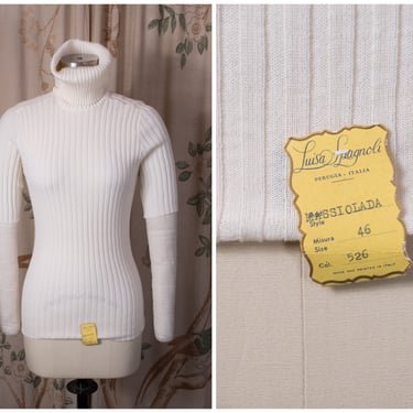 1950s Sweater - Rare Late 50s LUISA SPAGNOLI Merino Wool Unworn Beatnik Style Ribbed Knit Turtleneck Sweater in Ivory 