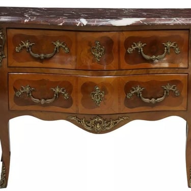 Commode, French Louis XV Style Marble-Top Mahogany, Floral Marquetry, Gilt Metal