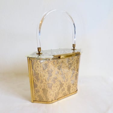 1950's Majestic Clear Lucite and Gold Floral Lace Hexagon Box Purse Top Handle MCM 50's Purses Spring Summer Handbag 