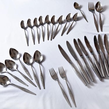 SET 28 - 1960's Oneida Community Stainless Steel Woodmere Wheat Pattern Flatware Serving Forks Spoons Knives Mid Century 