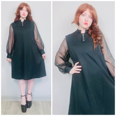 1970s Vintage Volup Black Sheer Sleeve Dress / 70s Mod Shift Polyester Knit Dress / Size XL - XXL 