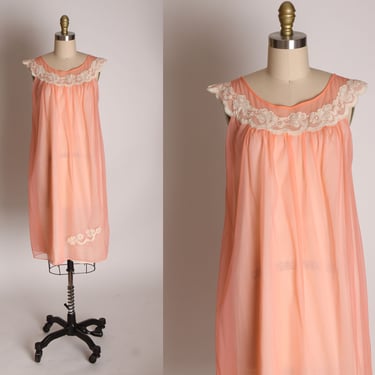 1960s Peach Pink Orange and Cream Sheer Overlay Nylon Floral Lace Night Gown by Kayser -S 