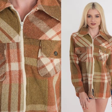 70s Plaid Jacket Brown Zip Up Wool Blend Jacket Tartan Checkered Print Flannel Lumberjack Zip Up Collared Coat Vintage 1970s Mens Medium M 