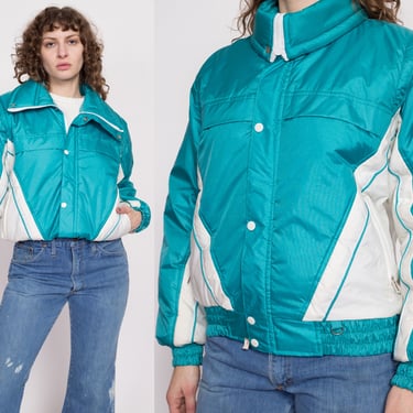 80s 90s Color Block Puffy Ski Jacket - Small | Vintage Teal White Cropped Convertible Vest Winter Coat 