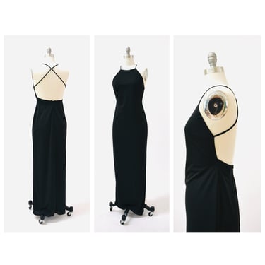 90s 2000s y2k Vintage Evening Gown Small in Black Tank Camisole Backless Dress Gown Long Black Dress By Laundry Shelli Segal XS Small 
