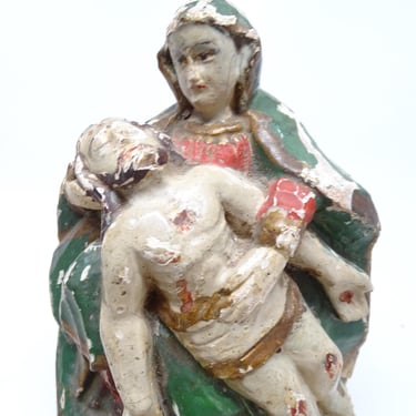 Antique 1800's Mother Mary Holding Jesus Pieta Santos, Hand Carved Hand Painted, Religious Church Folk Art 