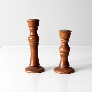 vintage turned wood candlestick holders pair 