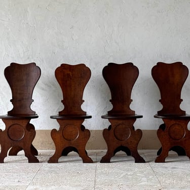 Set of Four 18th C. English Oak Hall Chairs